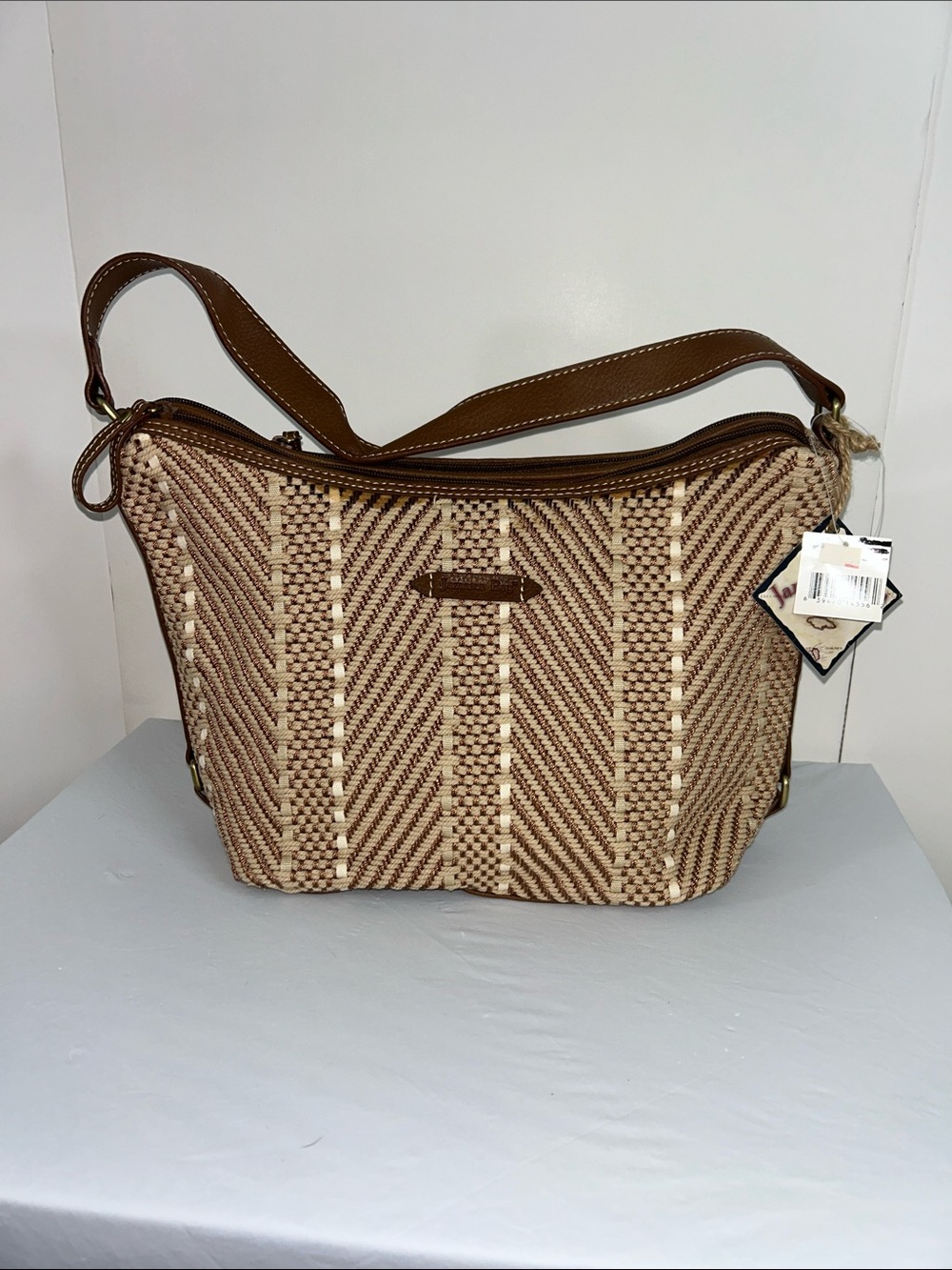 Woven Shoulder Bag with Brown Trim and Cream Accents